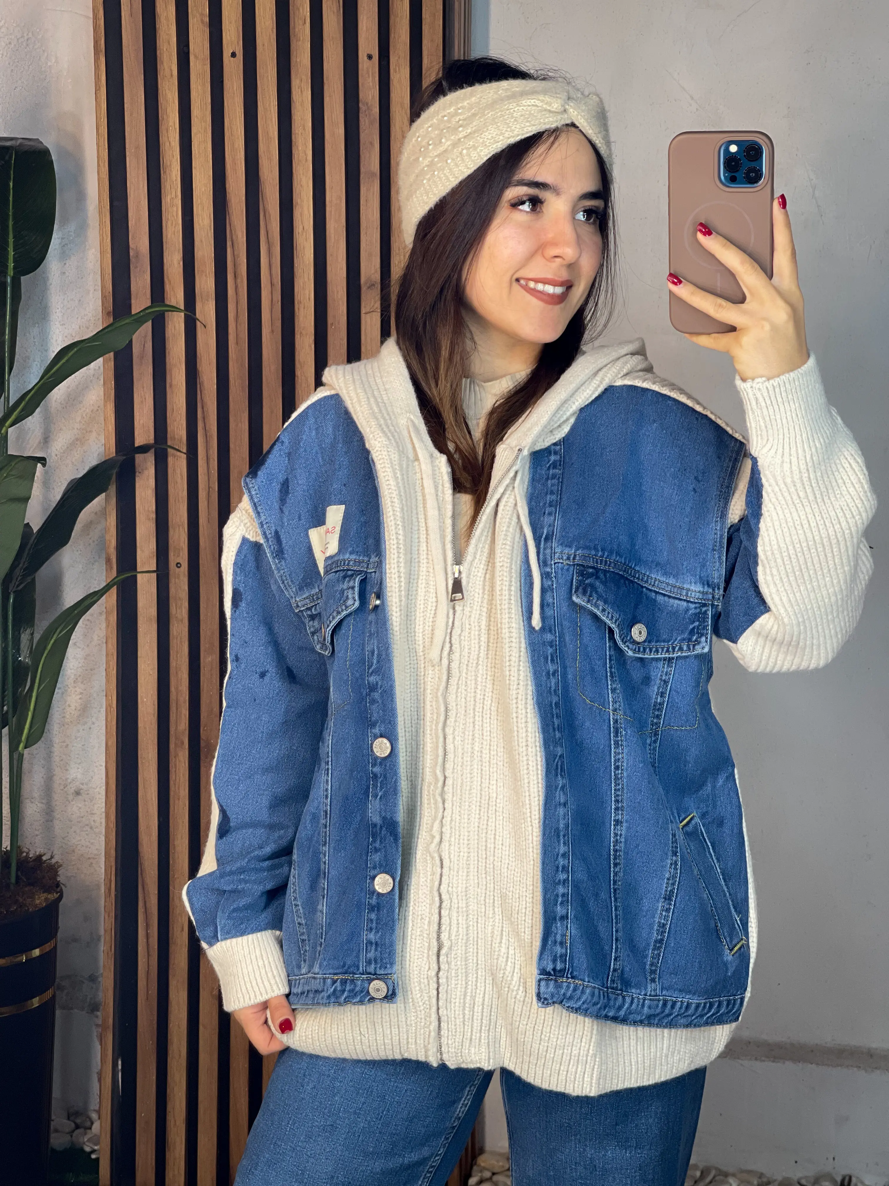 ژاکت بافت جین ترکیبی کلاهدار